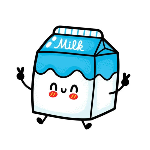 Słodki, zabawny, szczęśliwy skok z mlekiem. Wektor ręcznie rysowane kreskówki ikona postaci kawaii ilustracji. Odizolowany na białym tle. Mleko mleczne pudełko bazgroły uśmiech kreskówki szczęśliwy koncepcja postaci — Wektor stockowy