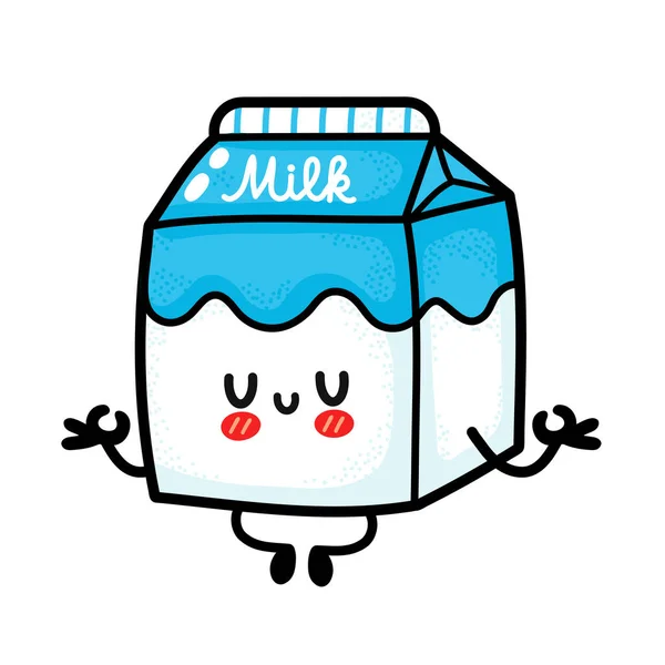 귀엽고 웃긴 우유 박스는 요가 자세로 명상 합니다. 벡터 손으로 그린 만화 kawaii 캐릭터 일러스트 아이콘. 하얀 배경에 고립되어 있습니다. 유제품 박스 두들 웃음 행복 한 캐릭터 컨셉 — 스톡 벡터