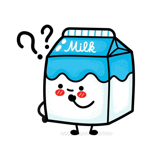 疑問符付きのかわいい面白いミルクボックス。ベクトル手描き漫画カワイイキャラクターイラストアイコン。白い背景に隔離されている。ミルク乳製品ボックスドア漫画笑顔幸せなキャラクターコンセプト — ストックベクタ