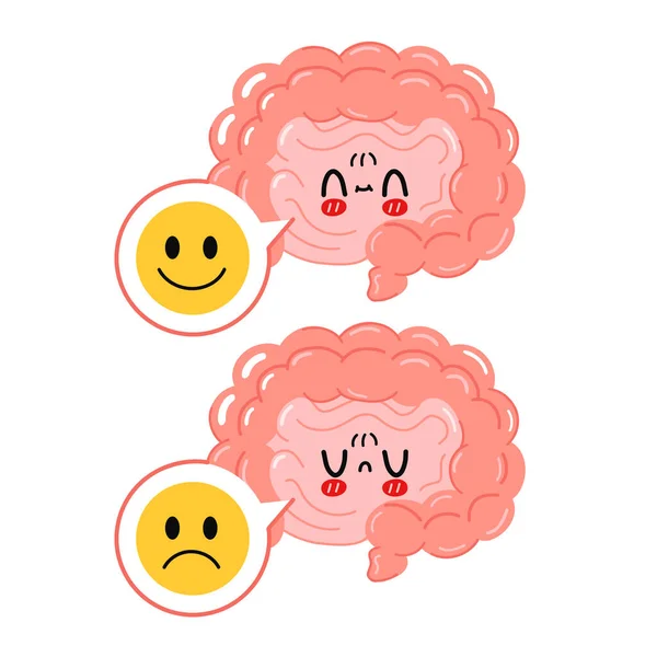 Cute funny intestine organ with sad and happy face in speech bubble character. Vector hand drawn cartoon kawaii character illustration icon. Isolated on white background. Healthy,unhealthy intestine — Stock Vector