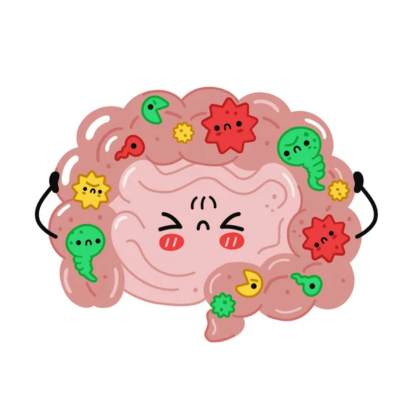 Aranyos vicces bél szerv rossz baktériumokkal, mikroflóra. Vektor kézzel rajzolt rajzfilm Kawaii karakter illusztráció. Elszigetelve, fehér háttérrel. Intestin, mikroflóra, probiotikum karakter koncepció — Stock Vector
