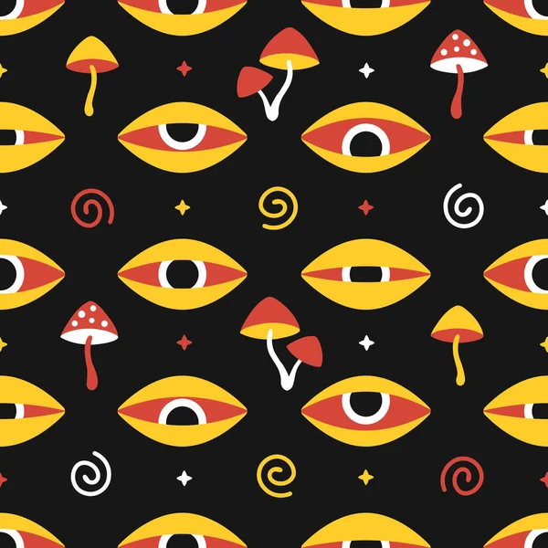 Trippy magische Pilze und Augen nahtlose Muster. Vector handgezeichnete Cartoon Illustration Icon Design. Magische Psilocybin Pilz und Augen, Säure, lsd, Reise nahtlose Musterkonzept — Stockvektor