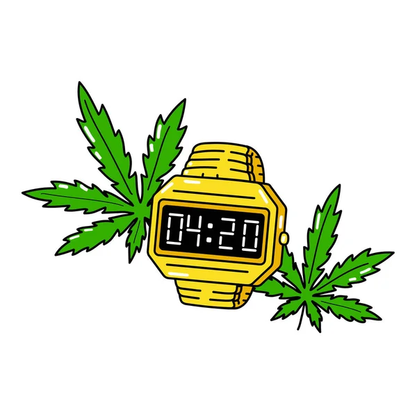 4:20 time on gold electronic watch and weed cannabis leafs. Vector cartoon illustration design. Isolated on white background. 420 watch, weed, cannabis, green leafs print for t-shirt, poster concept — Stock Vector