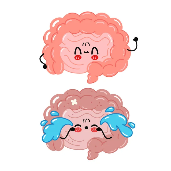 Bonito engraçado e triste personagem órgão do intestino. Vector mão desenhada desenho animado ícone de ilustração personagem kawaii. Isolado em fundo branco. Órgão do intestino humano, conceito de personagem de desenhos animados — Vetor de Stock