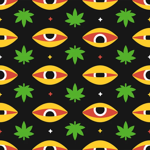 Gräs cannabisblad och röda ögon sömlöst mönster. Vektor handritad tecknad illustration ikon design. Trippy marijuana cannabis gräs och höga ögon, knark sömlös mönster koncept — Stock vektor