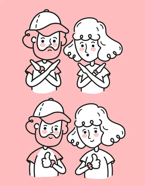 Jongeman en vrouw kruisen de armen, zeggen geen gebaar en tonen duimen omhoog. Vector doodle karakter illustratie. Persoon die X-vorm maakt, stopteken met handen, positieve, negatieve uitdrukking. Ja, geen idee. — Stockvector