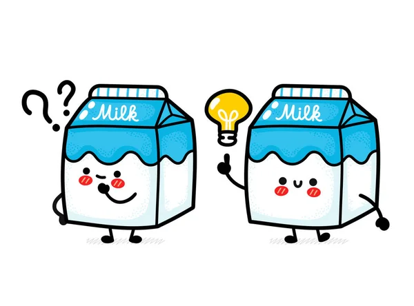 물음표와 아이디어 전구가 있는 웃긴 우유 박스. 벡터 손 그림 (kawaii) 은 만화이다. 하얀 배경에 고립되어 있습니다. 유제품 박스 두들 웃음 행복 한 캐릭터 — 스톡 벡터