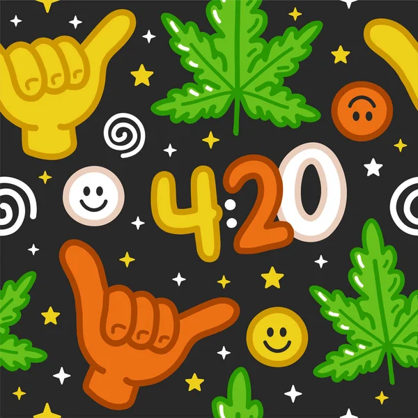 Marihuana hierba divertida, gesto shaka, 420 patrón sin costuras. Vector dibujado a mano doodle bosquejo dibujos animados kawaii carácter ilustración. Trippy, hierba, 420, shaka, dibujos animados de hoja de cannabis concepto de patrón sin costuras — Archivo Imágenes Vectoriales