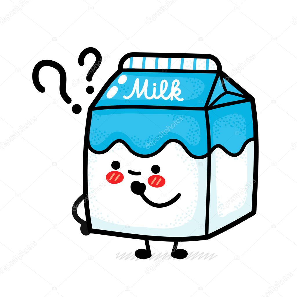 Cute funny milk box with question marks. Vector hand drawn cartoon kawaii character illustration icon. Isolated on white background. Milk dairy box doodle cartoon smile happy character concept