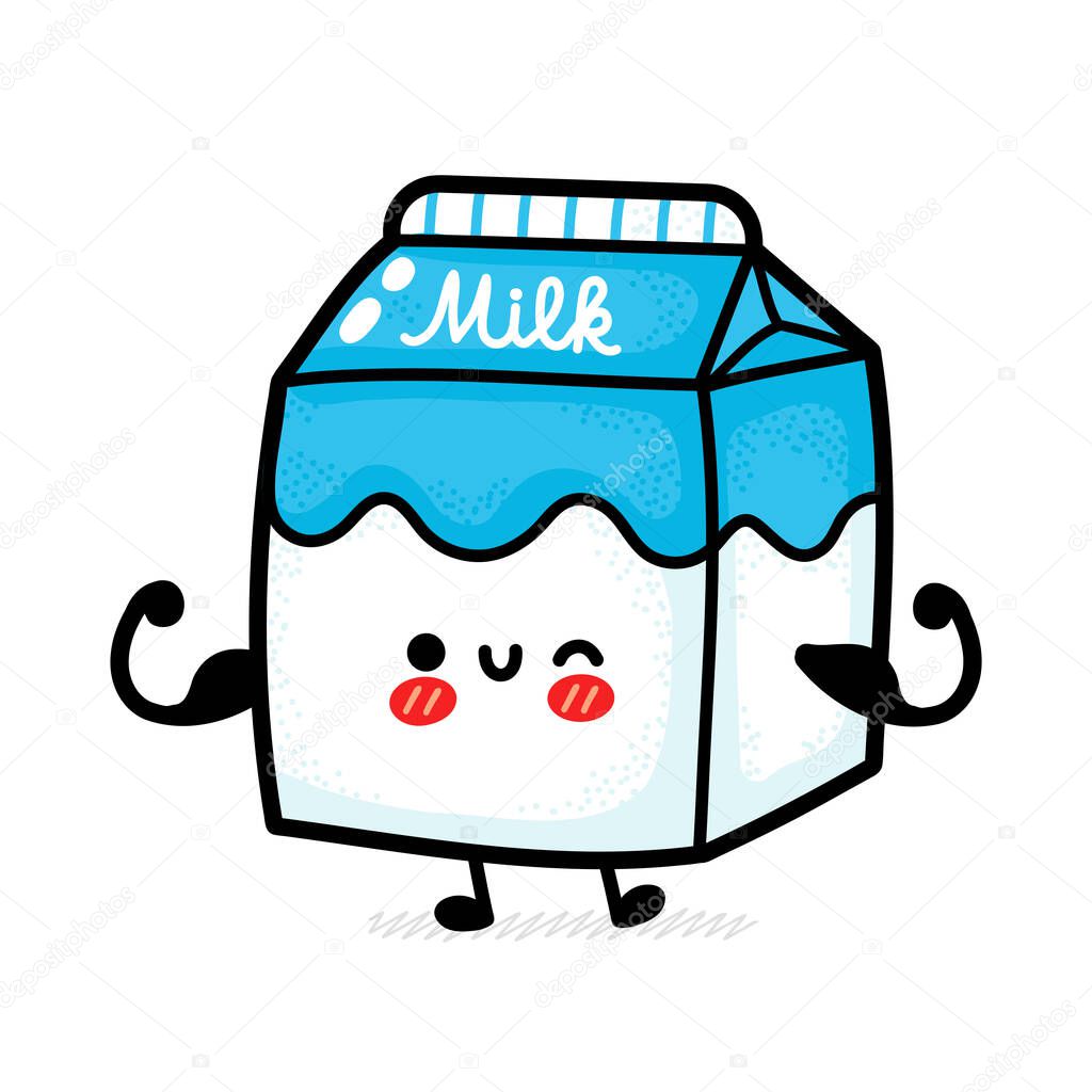 Cute funny strong happy milk box show muscle. Vector hand drawn cartoon kawaii character illustration. Isolated on white background. Milk dairy box, fitness, calcium doodle character concept