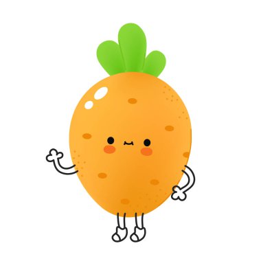 Yüzü olan sevimli, komik bir havuç. Vektör çizgi film kawaii doodle karakter çizim simgesi. Havuç sebze çizgi film karakteri maskot konsepti. Beyaz arkaplanda izole