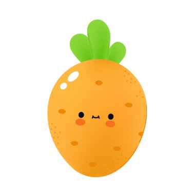 Yüzü olan sevimli, komik bir havuç. Vektör çizgi film kawaii doodle karakter çizim simgesi. Havuç sebze çizgi film karakteri maskot logosu konsepti. Beyaz arkaplanda izole