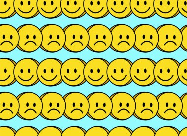 Komik gülümseme ve üzgün, sevimli, pürüzsüz bir yüz şekli. Vector doodle çizgi film kawaii karakter ikonu tasarımı. Olumlu gülümseyen yüzler, asit, yüksek, tökezleyen, tekno karikatürsüz model konsepti