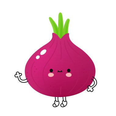 Yüzü olan sevimli kırmızı soğanlı bir sebze. Vektör çizgi film kawaii doodle karakter çizim simgesi. Kırmızı soğanlı sebze çizgi film karakteri maskot konsepti. Beyaz arkaplanda izole