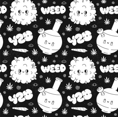 Esrarlı esrarlı esrarın tuhaf ve pürüzsüz deseni. Vektör el karalama çizimi çizgi film Kawaii karakter çizimi. Trippy, weed, 420 antika, dikişsiz çizgi film konsepti