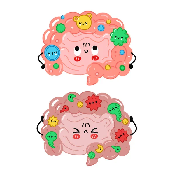 Lindo personaje divertido del órgano del intestino. Microflora sana y malsana, bacterias buenas y malas en el concepto del intestino. Icono de ilustración de personaje kawaii de dibujos animados vectoriales. Aislado sobre fondo blanco — Archivo Imágenes Vectoriales