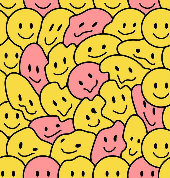 Lustiges Lächeln Gesichter nahtlose Muster. Vector Doodle Karikatur Kawaii Charakter Illustration Icon Design. Positive Smiley-Gesichter, lsd, Techno-Cartoon nahtloses Musterkonzept — Stockvektor