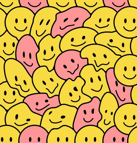 Sorriso engraçado enfrenta padrão sem costura. Vector doodle desenho animado kawaii personagem ilustração ícone design. Rostos sorridentes positivos, lsd, conceito de padrão sem costura techno cartoon —  Vetores de Stock