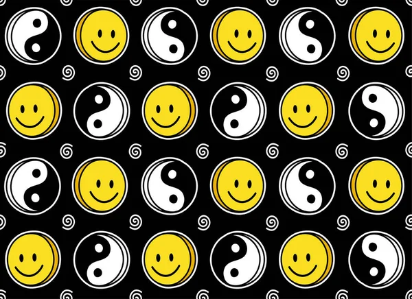 Legrační úsměv roztomilý obličej a Yin Yang bezešvé vzor. Vector doodle cartoon kawaii znak ilustrace ikony design. Pozitivní úsměv tváře, Yin Yang, vysoká, výlet, techno kreslené bezešvé vzor koncepce — Stockový vektor