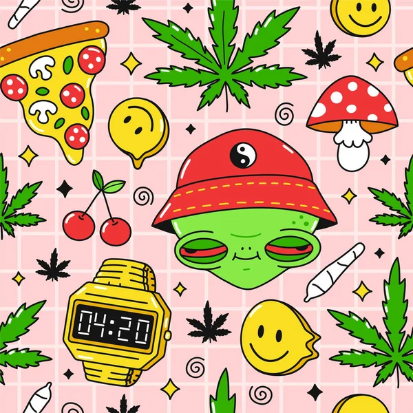 Trippy psicodélico, patrón inconsútil pizzz 420. Alien con ojos rojos, a las 4: 20 en punto, hojas de marihuana de hierba. Diseño de ilustración de personajes de dibujos animados vectoriales. Trippy alien, champiñones, concepto de arte patrón de cannabis — Vector de stock