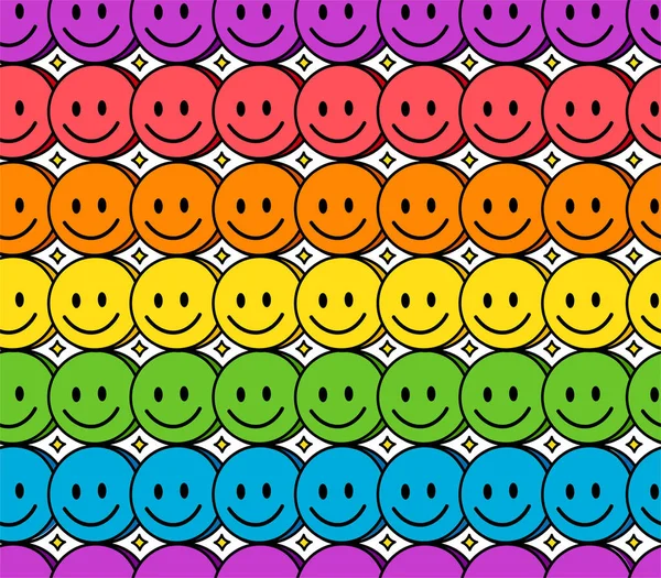 Vicces mosoly aranyos szivárvány arc zökkenőmentes minta. Vector firka rajzfilm kawaii karakter illusztráció ikon design. Pozitív mosoly arcok, meleg, lgbt, lgbtq szivárvány zászló zökkenőmentes minta koncepció — Stock Vector