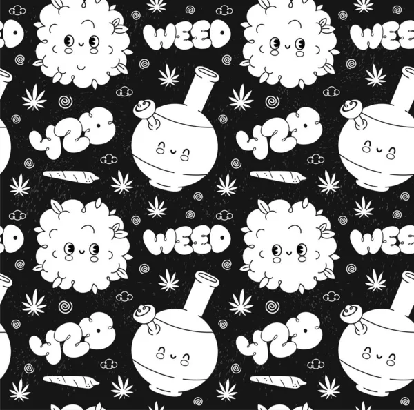 Patrón divertido lindo retro marihuana hierba vintage sin costuras. Vector dibujado a mano doodle bosquejo dibujos animados kawaii carácter ilustración. Trippy, hierba, 420 vintage retro dibujos animados sin costuras concepto de patrón — Vector de stock