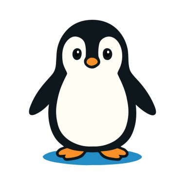 Neşeli bir penguen karikatürü kalın gök mavisi bir arka plan üzerine kuruludur. Temiz çizgiler, basit şekiller, parlak turuncu ayaklar ve gagalar, ve büyük anlamlı gözler yumuşak derinlikli dost canlısı, modern, minimalist bir karakter yaratır.