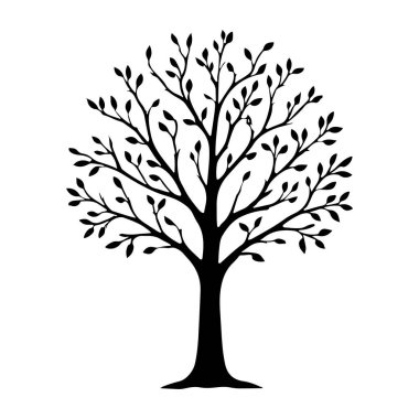 Beyazın merkezindeki yaprak döken bir ağacın koyu siyah silueti. Kalın gövde, dallanan gölgelik ve seyrek ovat yaprakları güçlü kontrast ve organik simetriye sahip temiz, dengeli, minimalist bir grafik oluşturur.