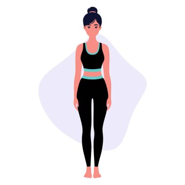 Siyah spor kıyafetli bir kadın, basit bir soyut geçmişe karşı esnek ve bilinçli olmak için diz çökmüş yoga pozu veriyor..