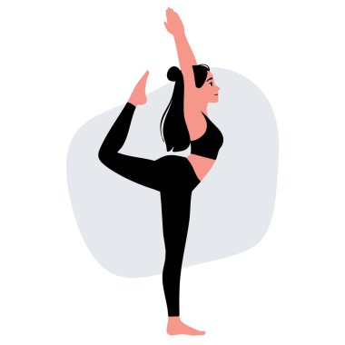 Siyah spor kıyafetli bir kadın, basit bir soyut geçmişe karşı esnek ve bilinçli olmak için diz çökmüş yoga pozu veriyor..