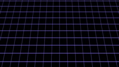 80 'lerin sentetik dalga sisteminin animasyonu. Siyah arkaplana doğru ilerleyen neon mor perspektifli bir kablo tabanı. Fütürist kavramlar, oyun arkaplanları, müzik videoları ve buhar dalgası estetiği için ideal.