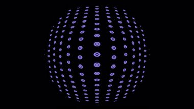 Soyut Siber Güvenlik Küresi Animasyon Gözünü Kalkan Kavramına Dönüştür. Siyah arkaplanda mor simgelerden yapılmış 3 boyutlu bir küre içeren soyut hareket grafik animasyonu.