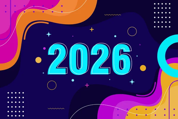 2026 yılını neşeli modern şekiller ve renkli bir arka plan tasarımıyla kutlayın.