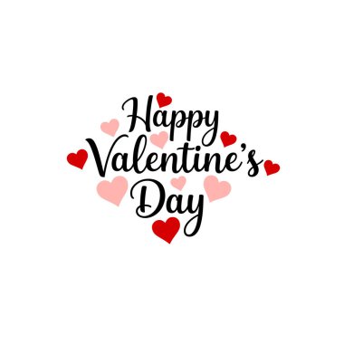 Sevgililer Günü 'nüz kutlu olsun. El yazısıyla yazılmış kırmızı kalpler beyaz bayrak.