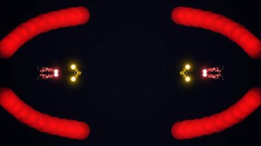 Parlak renkli elementlerin olduğu karanlık bir ortamda, parlak soyut ışıklar daireler ve desenler oluşturur.