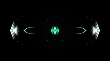 Geometrik şekilli yeşil ve beyaz soyut dijital sanat ve küçük noktalı siyah arkaplan üzerinde parlayan efektler