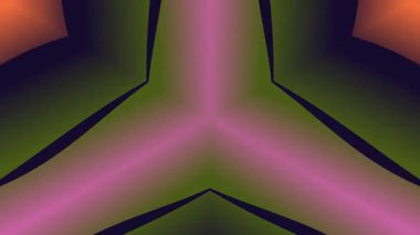 Pembe, turuncu ve yeşil renklerde simetrik şekillere ve desenlere sahip kaleydoskop içeren canlı soyut sanat