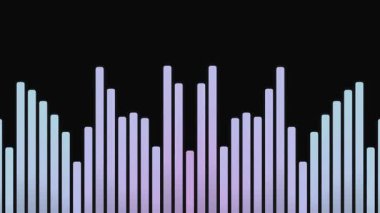 Siyah zemin üzerinde pastel renkli çubuklar kullanarak ses dalgası görselleştirmesi müzik frekansı spektrum analizi ve eşitleyici grafiklerini gösterir. Çubuklar farklı frekansları temsil eden boy olarak farklılık gösterir. Yumuşak renkler rahatlatıcı bir görsel etki yaratır.