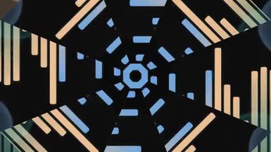 Siyahzemin üzerinde geometrik şekiller ve mavi aksanlı simetrik desenler ve modern tasarım elementleri barındıran gelecekçi dijital sanat