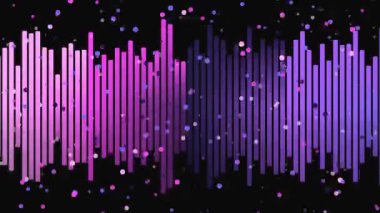 Siyah arkaplana karşı canlı pembe ve mor renkler içeren renkli ses dalgası görselleştirmesi, dinamik bir ses grafik tasarımı elementi oluşturur.