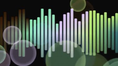 Pastel renkli ses dalgası grafiği, ses görüntüleme ve müzik frekansını temsil eden şeffaf bir arkaplan üzerinde bokeh etkisi ile.