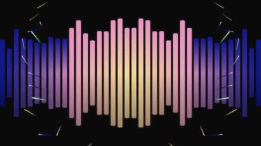 Müzik, ses teknolojisi ve multimedya uygulamalarını temsil eden siyah arkaplan üzerinde renkli ses dalgası grafik tasarımı ögesi etkin bir şekilde görselleştirildi.