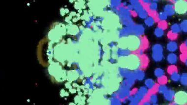 Parlayan neon ışıkları ve karanlık ekran teknolojisi arka planı üzerinde gelecekteki görsel efektlerin yer aldığı renkli dijital sanat eserleri.