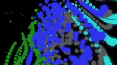 Siyah zemin üzerinde renkli, mavi, yeşil ve gri daireler dinamik ve akıcı bir dijital sanat eseri yaratıyor..