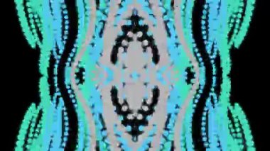 Siyah bir zemin üzerinde simetrik mavi ve yeşil desenler içeren canlı soyut dijital sanat bir kaleydoskop görsel efekti yaratıyor.