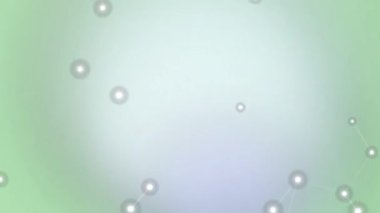 Yumuşak yeşil ve mavi gradyan arka plan, sakin ağ ve barışçıl atmosferdeki çizgilerle birbirine bağlı parlak küreler.