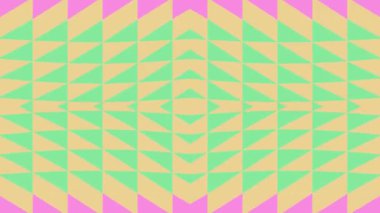 Kaleydoskop dizaynında pembe yeşil sarı üçgenler içeren renkli geometrik desen simetrik soyut sanat efekti arka planında.