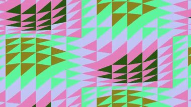 Pembe, yeşil ve kahverengi üçgenlerden oluşan canlı soyut geometrik desen dinamik bir görsel etki yaratıyor. Modern sanat, dekorasyon ve yaratıcı arka planlar için uygun renkli tasarım.