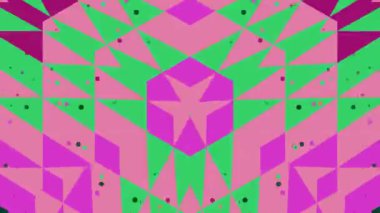 Pembe ve yeşil şekilli renkli geometrik desenler simetrik bir kaleydoskop etkisi yaratıyor, dinamik dijital sanat tasarımı.