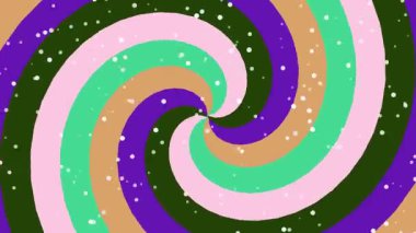 Pembe, yeşil ve mor renkli dönen sarmal desen beyaz noktalarla dinamik bir optik illüzyon efekti yaratıyor, büyüleyici bir tasarım unsuru ya da arkaplan olarak kullanmak için mükemmel..